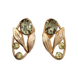 Vintage Van Dell 12K Gold Filled Screw Back Earrings Green Rhinestone Leaf